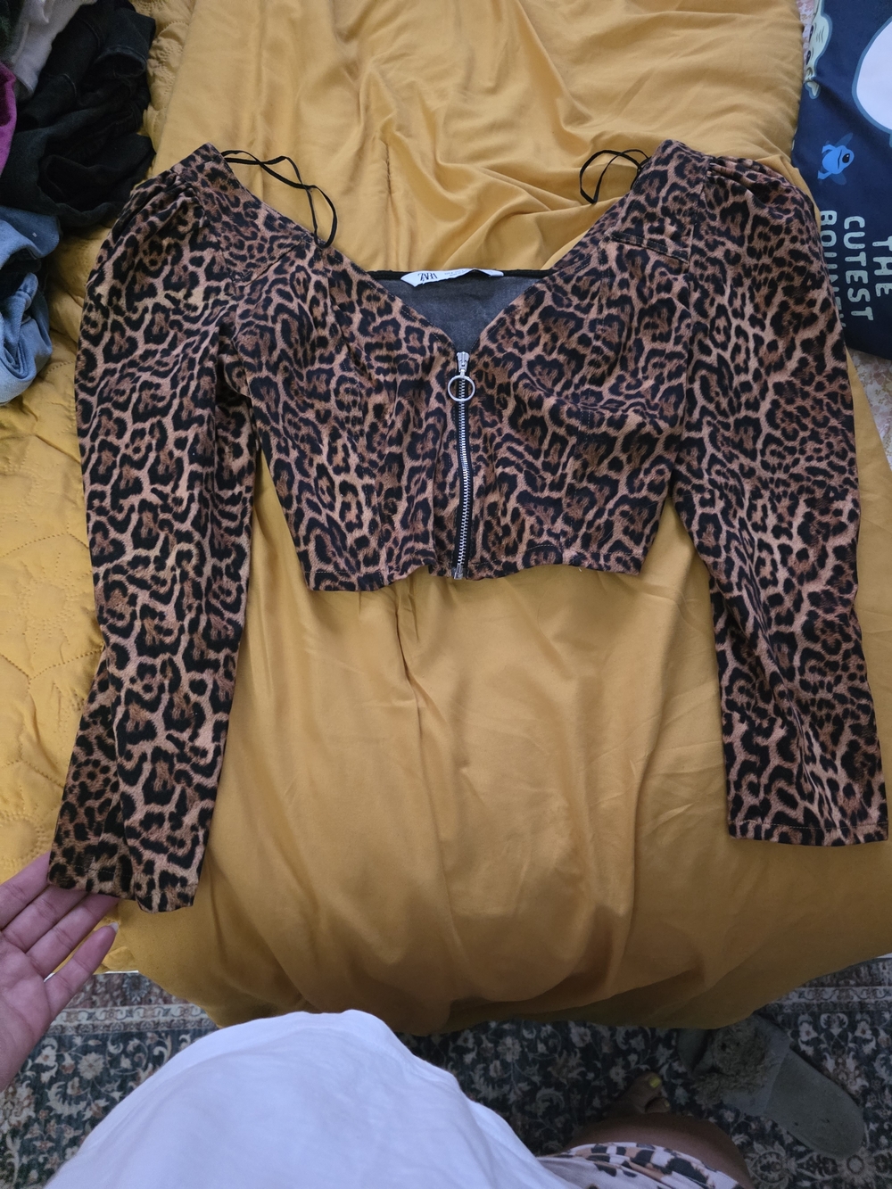 Zara Leopard-Print Zip-Front Long-Sleeve Crop Top - Brown/Black